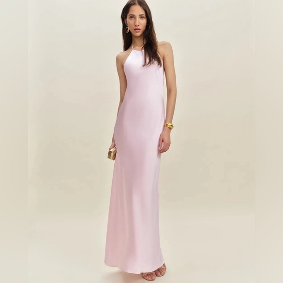 Reformation Jeany Silk Halter Button Slip Maxi Dress Gown Pink Cherry Blossom - Picture 2 of 13
